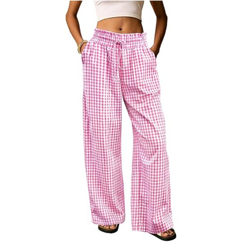 European Plaid Women's Wide-Leg Elastic High-Waist Pajama Pants with Drawstring