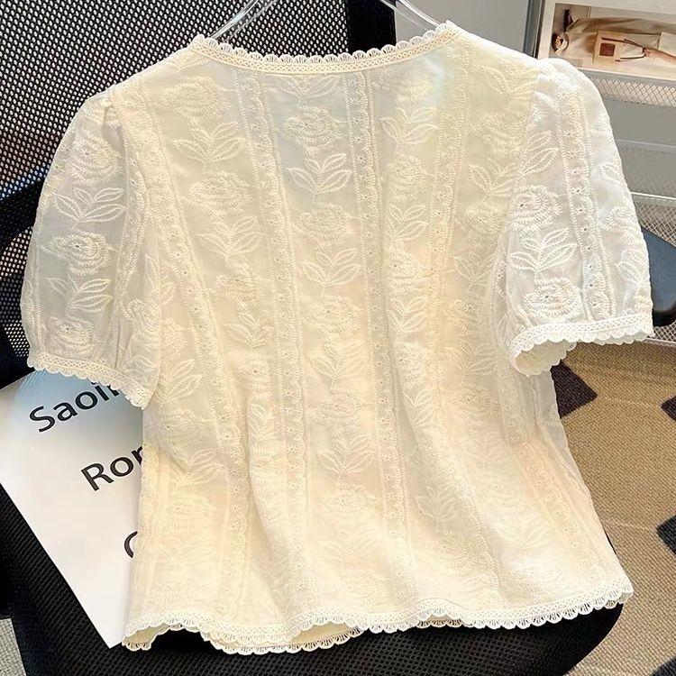 Blouse en dentelle à manches courtes style français pour femme, haut chic tendance, chemise élégante et décontractée