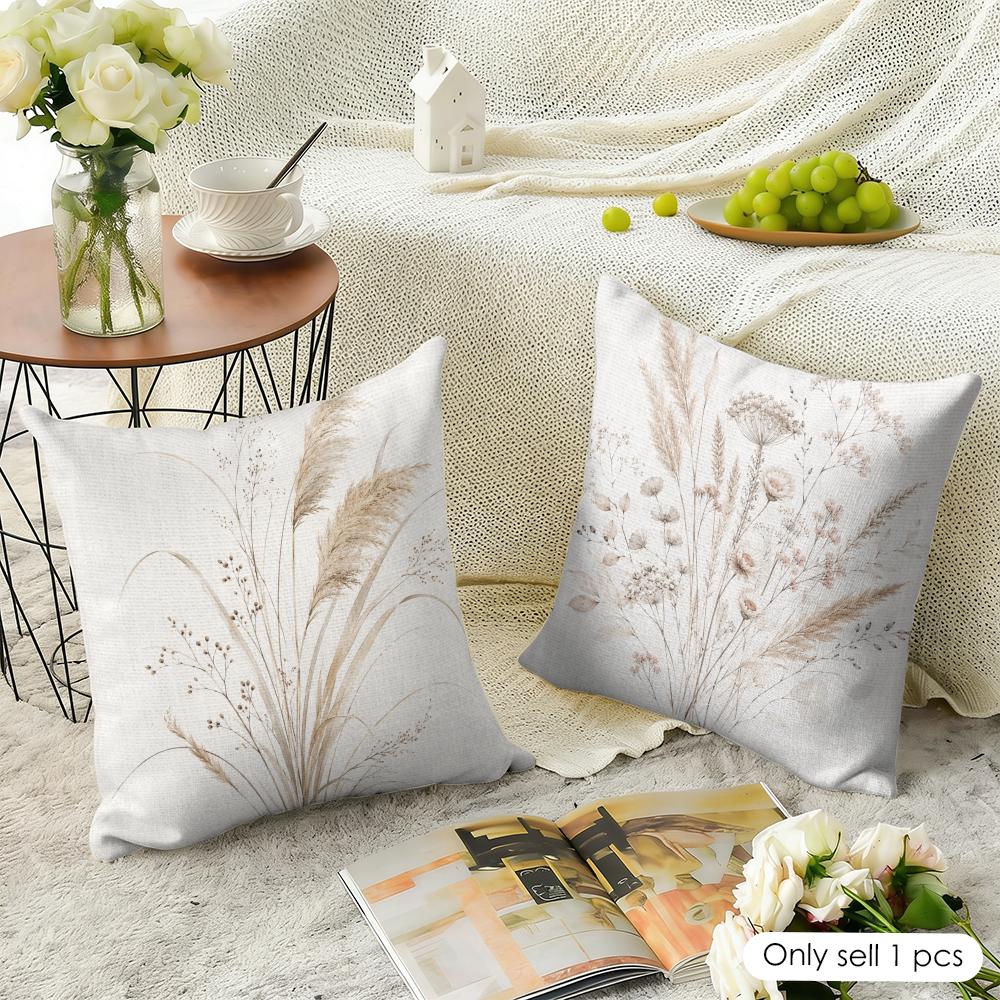 Boho Neutral Pressed Wildflower Cushion Cover Natural Linen Fabric Double-Sided Printing Breathable Perfect For Home Decor