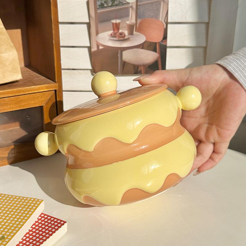 

ins style Korean cute cake ceramic instant noodle bowl binaural with lid student dormitory rice bowl snail powder bowl no specifications