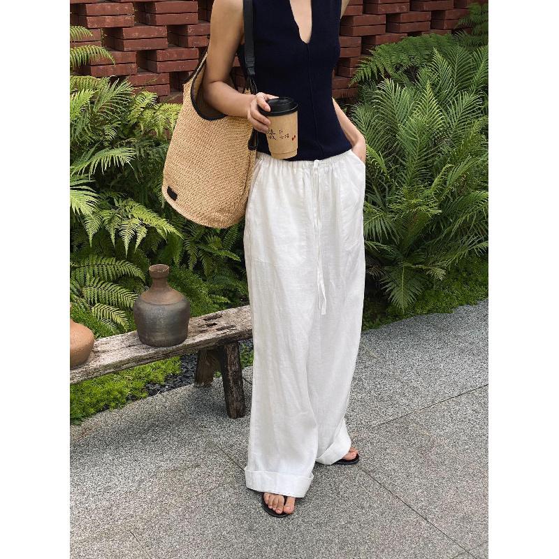 White cotton-linen wide-leg pants for women, 2026 spring-summer casual high-waisted drapey relaxed trousers