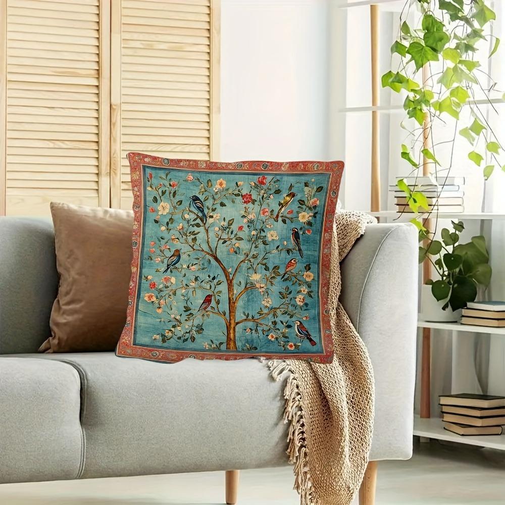 Exquisite Floral and Bird-Printed Pillowcase for a Touch of Nature's Beauty Sofa cushion cover, home decoration, 2D printing