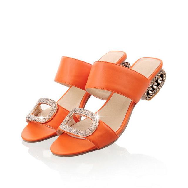 Woman Rhinestone Crystal Shoes Low Heel Sandals New Arrivals Brand Ladies High Heel Slippers Summer Slip -On Orange Yellow