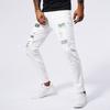 White Elastic Hot Diamond Denim Ripped Patch Slim Fit Pants for Men