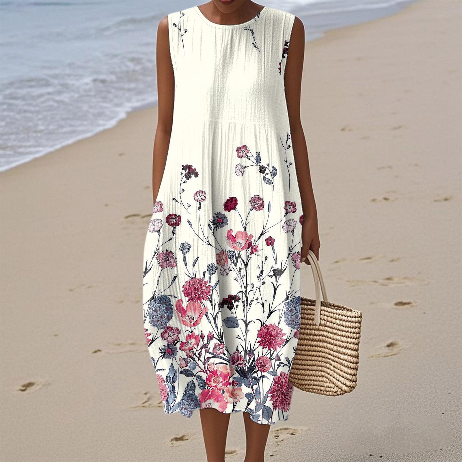 

Women s Fashion Casual Sleeveless Round Neck Floral Print Elegant Temperament Dress L рожевий