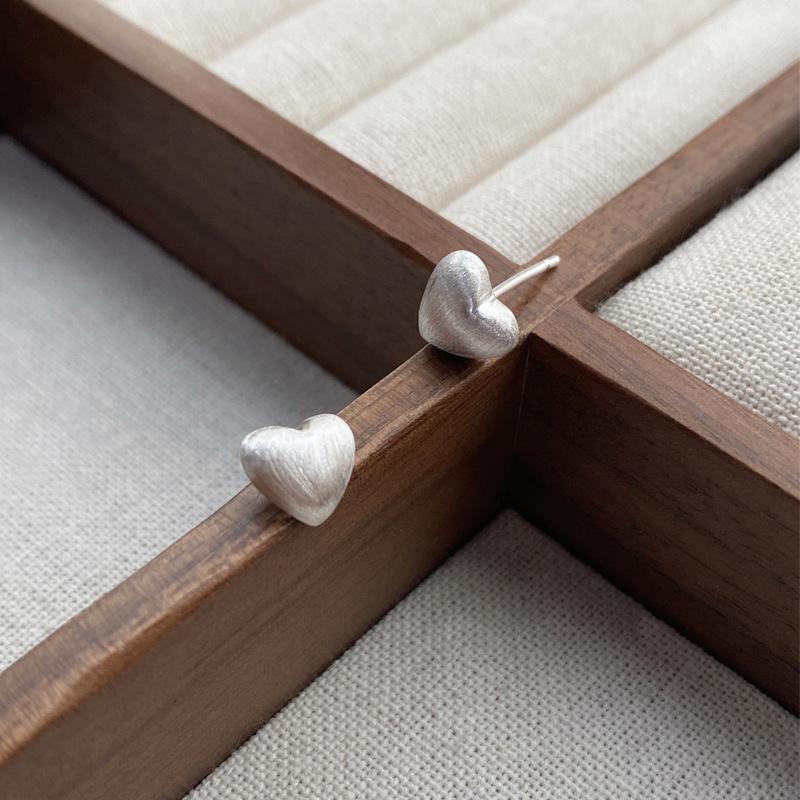 Sterling Silver Brushed Heart Stud Earrings for Women - Simple, Versatile, Elegant Ear Jewelry Sterling Silver