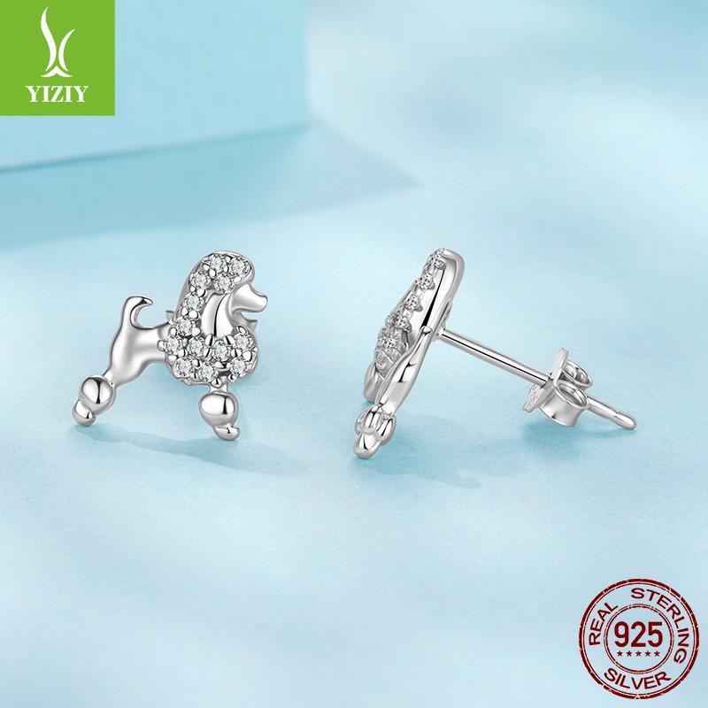 S925 Sterling Silver Mini Poodle Stud Earrings, Exquisite Cute Little Animal Dog Stud Earrings