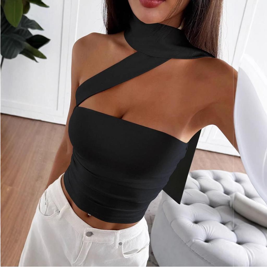 Spicy Girl Halterneck Strappy Bandeau Top - Sexy Backless Ruched Cropped Layer