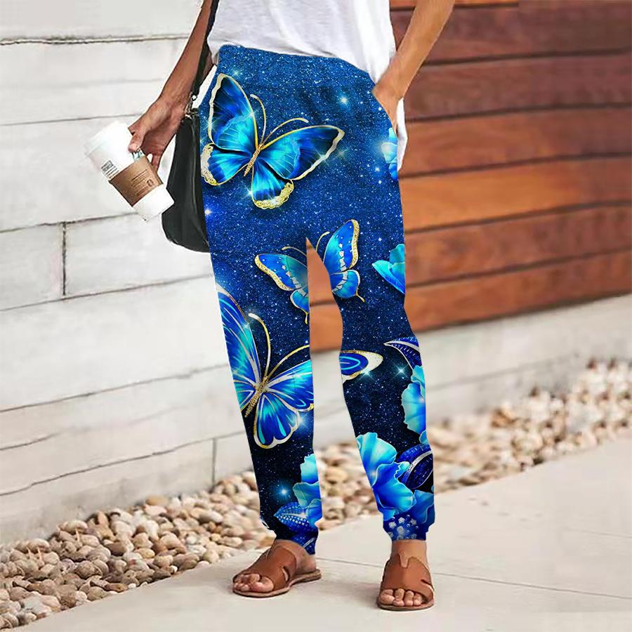 Women Butterfly Printing Pants Lace Up Elastic Waist Loose  Trousers Casual Long Pants Trousers with Pockets