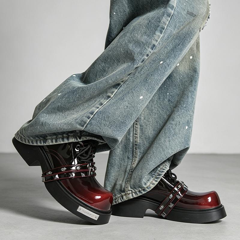 Men Punk Loafers Dress Boots Elevator Shoes Black Red Round Toe Big Head Leather Shoes Thick Sole Platform Shoes Plus Size