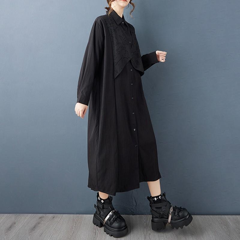 Long sleeve Plus size vintage Black new in dresses for women casual loose Spring autumn shirt dress