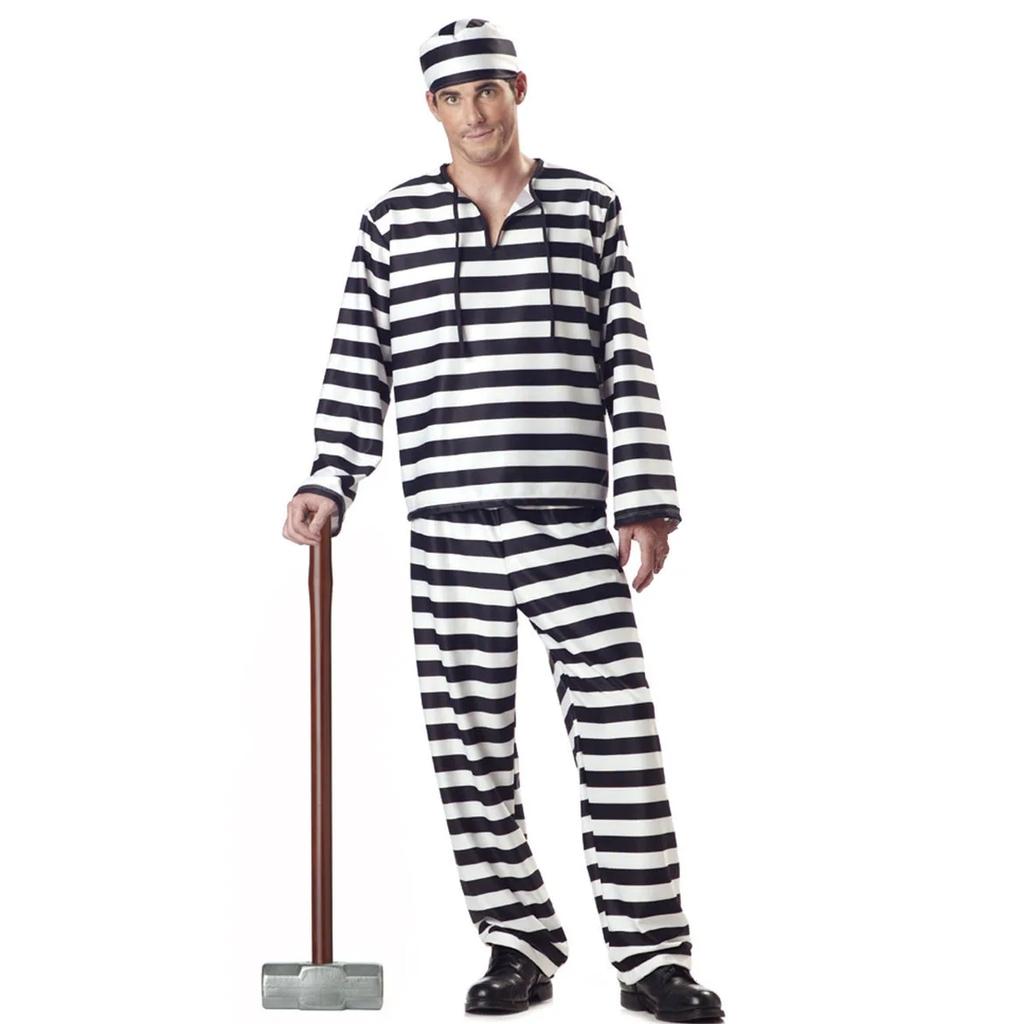 Prisoner Couple Costume Anime Role-Play Striped Pajamas Suit Black White Matching Outfit for Men Women (Halloween Party Cosplay)