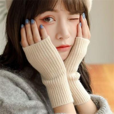 Women's Winter Solid Half-finger Gloves Soft Open Finger Versatile Warm Knitted Arm Sleeves Writing Warm Student Gloves