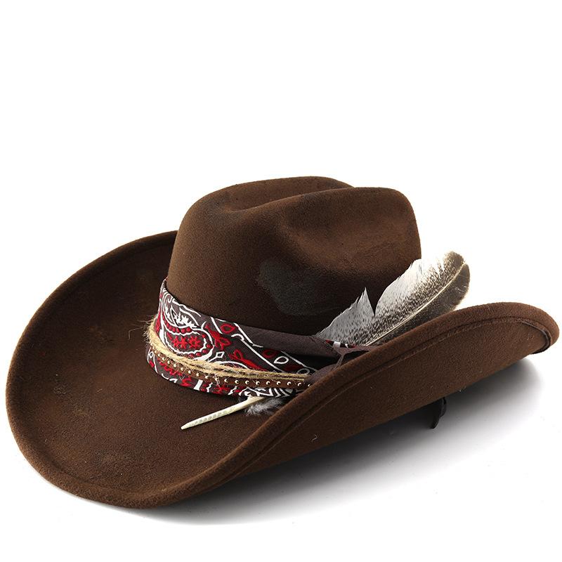 Hot fire retro old style western cowboy hat fashion men's and women's wool outdoor big feather warped edge felt hat