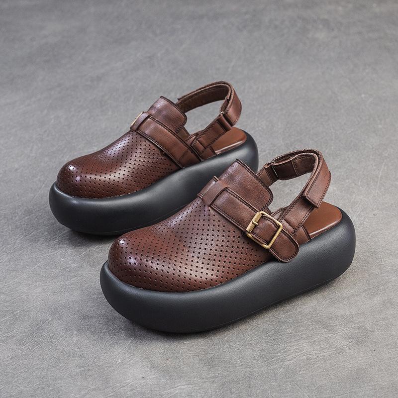 Johnature Retro-Sandalen mit runder Zehenpartie, atmungsaktiv, dicke Sohle, lässig, vielseitig, flache Plateauschuhe für Damen