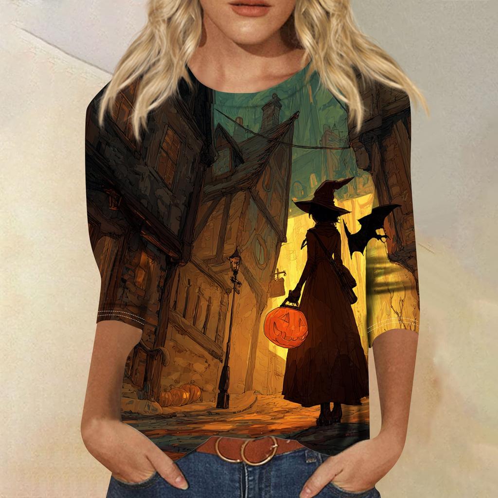 Women's Fashion Casual Round Neck Three-quarter Sleeve Halloween Printed T-shirt Top