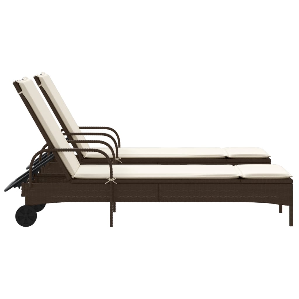 2 Piece Sun Lounger Set with Cushions Brown Poly Rattan