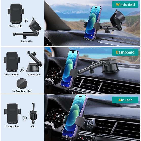 DOLYOFG Car Phone Holder Mount, [Military-Grade Suction & Super Sturdy Base] 3 in 1 Universal Phone Mount for Car Dashboard Windshield Air Vent Dash