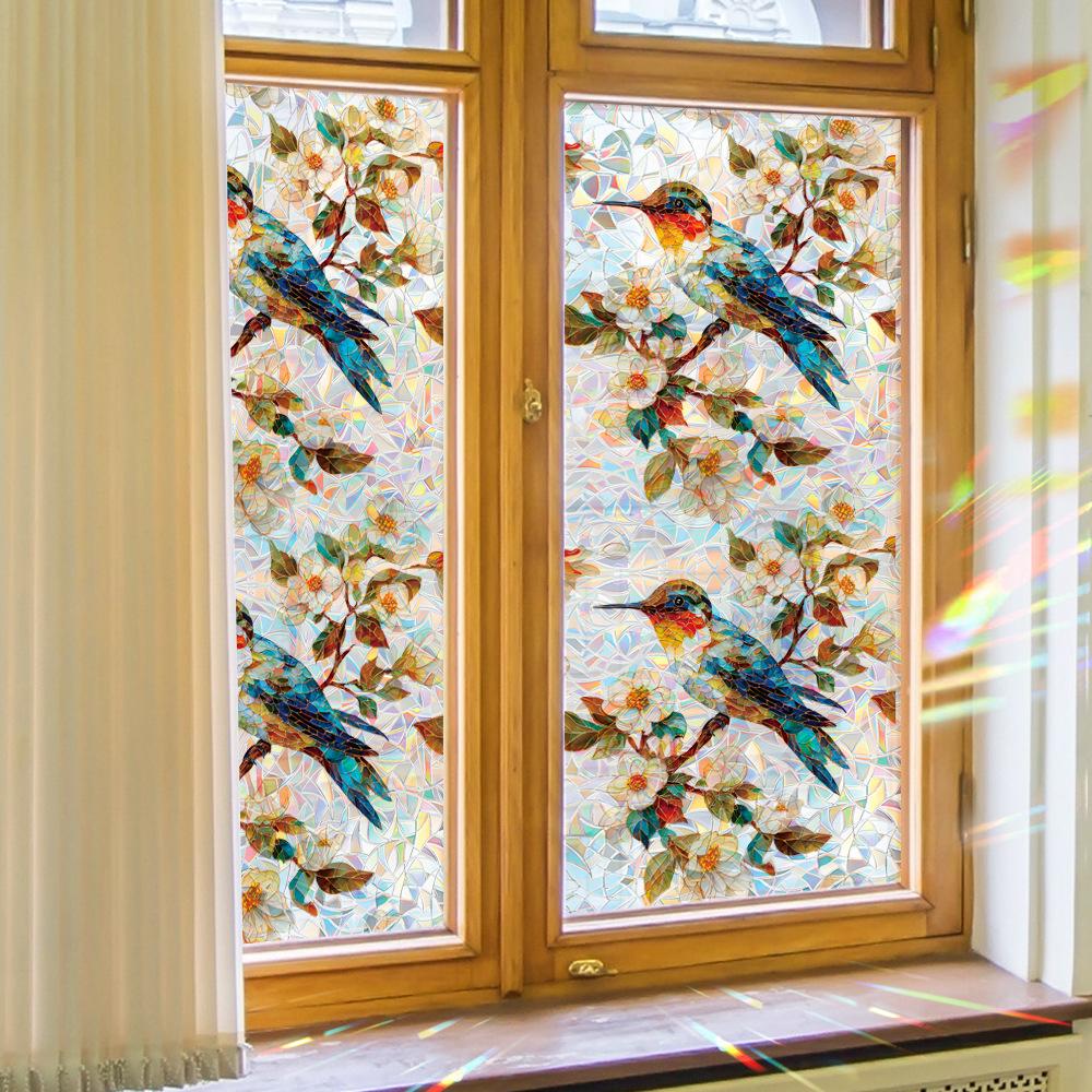 Laser-cut Iridescent Retro Geometric Floral and Hummingbird Study Glass Door and Window Decorative Stickers