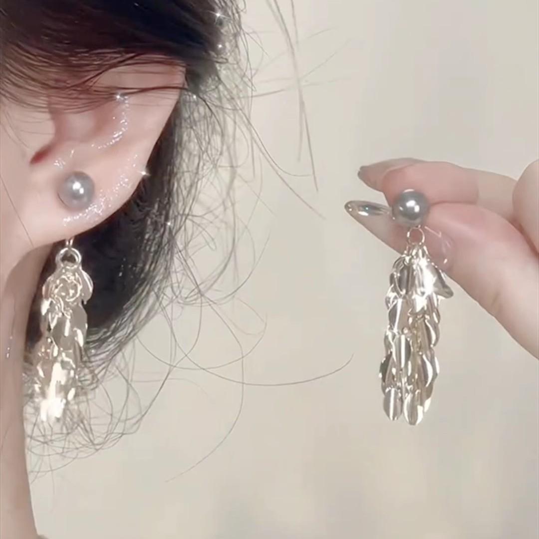 

French sparkling wheat ears fringed gray pearl stud earrings women s autumn and winter two-wear earrings niche high-end earrings