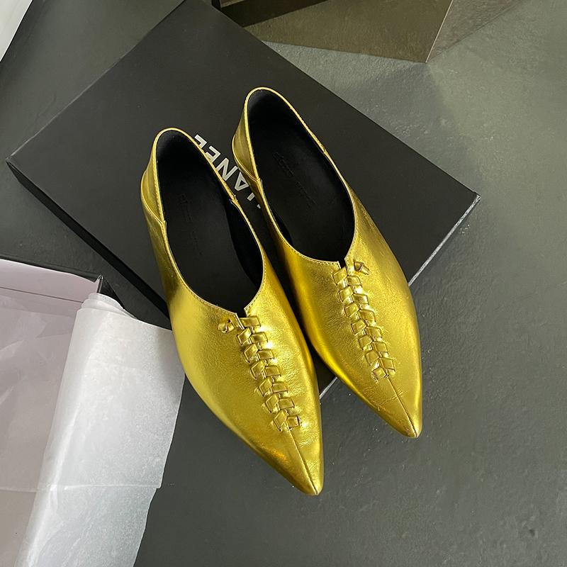 Fashion 2025 New Spring Pointed Toe Flat Heel Flats Genuine Leather Shoes for Women Concise Slip-on Handmade Women Mules Ladies Shoes