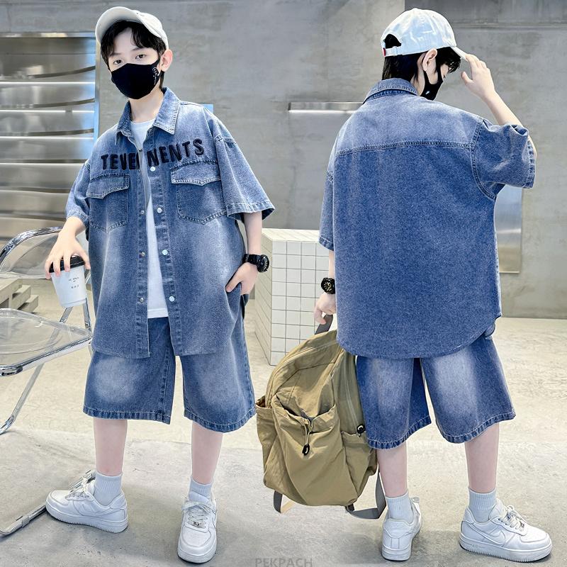 

Boys Denim Suit Summer Clothes Children s Short Sleeve Shirt + Shorts Sports Korean Tracksuit Sets Kids Clothing Suit 170cm синій