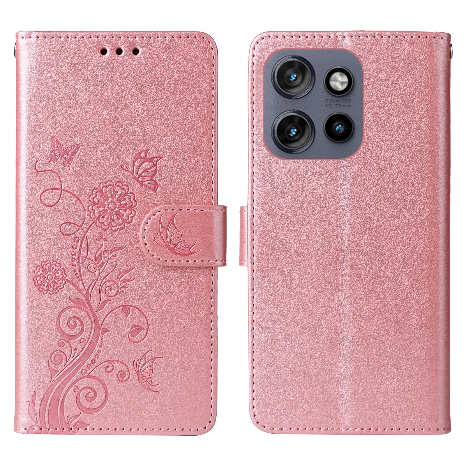 

Phone Case For Motorola Edge 50 Neo 5G/Moto S50 5G/ThinkPhone 25 5G Wallet Stand Butterfly Floral Imprint Leather Cover Pink