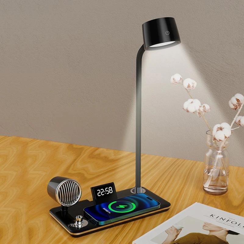 LED Table Lamp USB Port Bluetooth Multifunction Wireless Charger Pad Stand Clock For Bedroom Bedside Decor Lighting Table Light