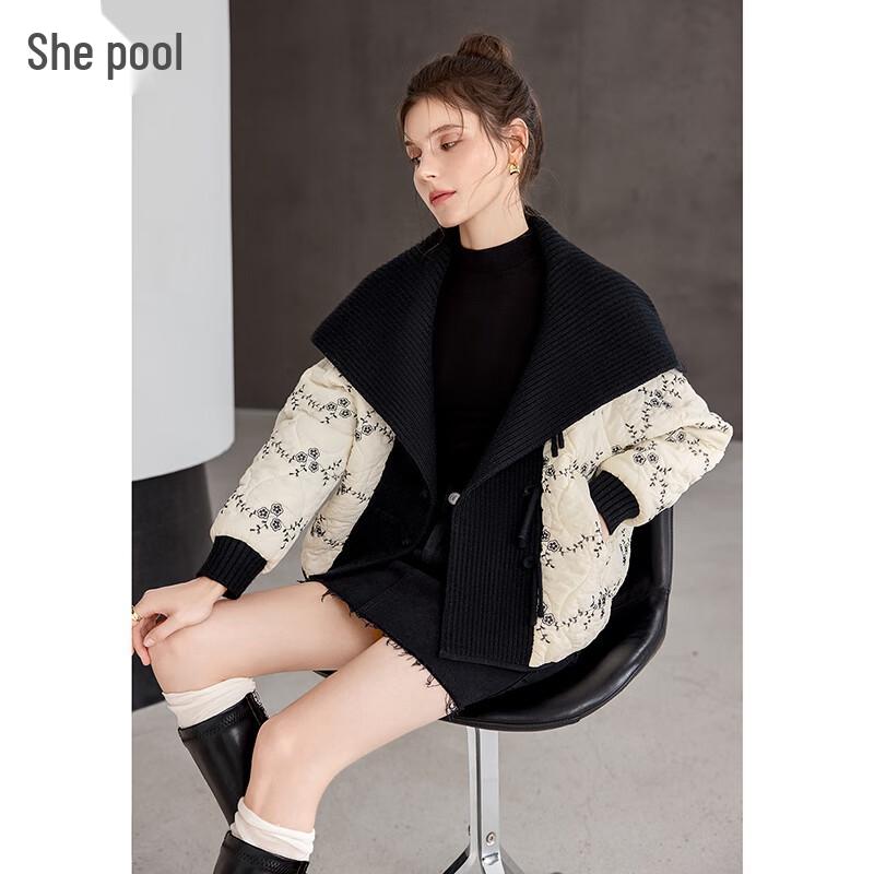 

Women s Knitted Lapel Embroidered Short Padded Jacket