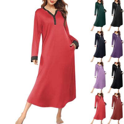 Women's Nightgown Long Housecoat V Neck Pajama Dress With Pockets