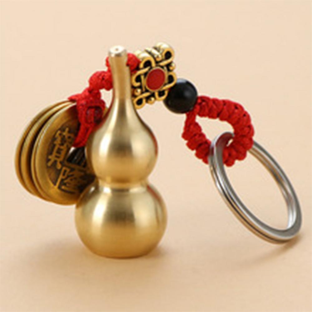 Vintage Lucky Finely Crafted Pure Copper Gourd With Five Emperors CoinsKeychain Charm Feng Shui Keyring Wealth-Attracting Decor