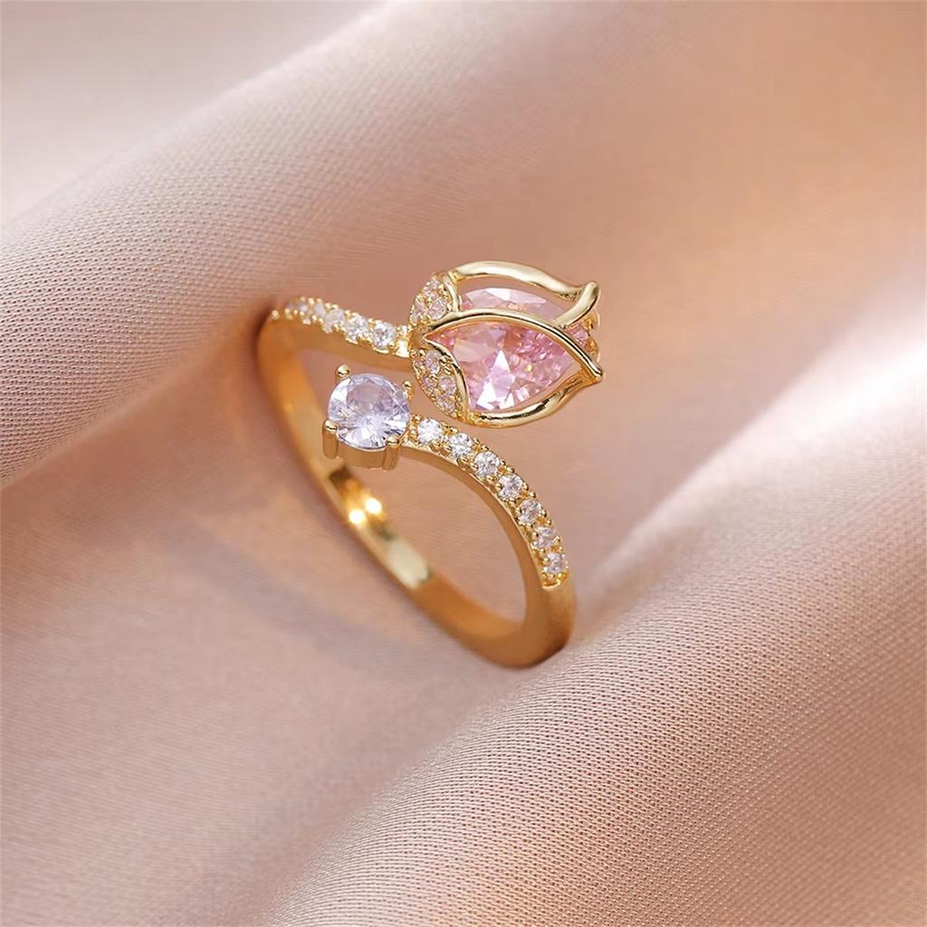 Luxury Fashion Pink Zircon Tulip Flower Rings For Women Temperament Sparkling Floral Opening Finger Ring Elegant Wedding Jewelry