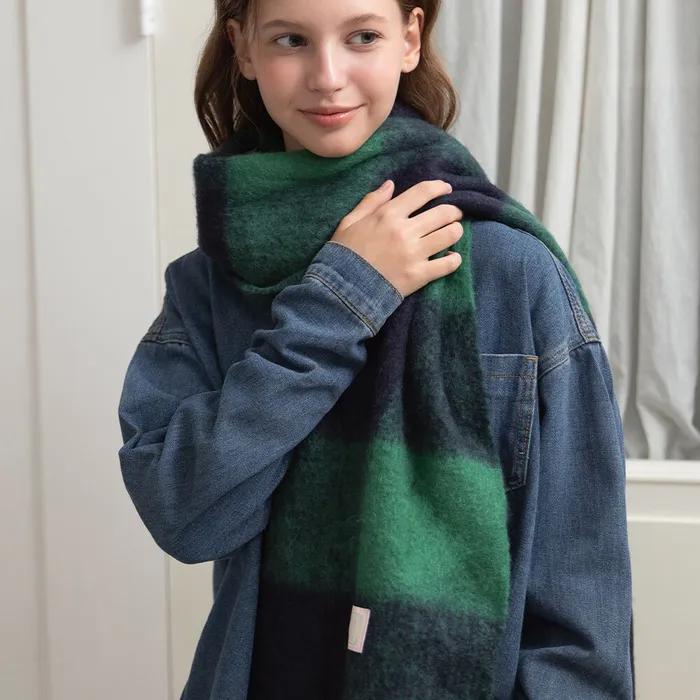 Block Check Wool Blended Muffler MF8222 Green