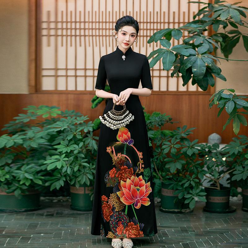 2025 Summer Blue Ao Dai-Inspired High-End Cheongsam Dress for Runway and Evening Wear