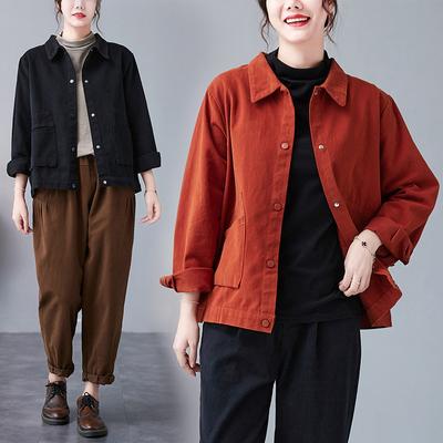 Jacket Women Autumn Short Casual Button Jacket Loose Simple Large Size Long Sleeve Tops Plus Size
