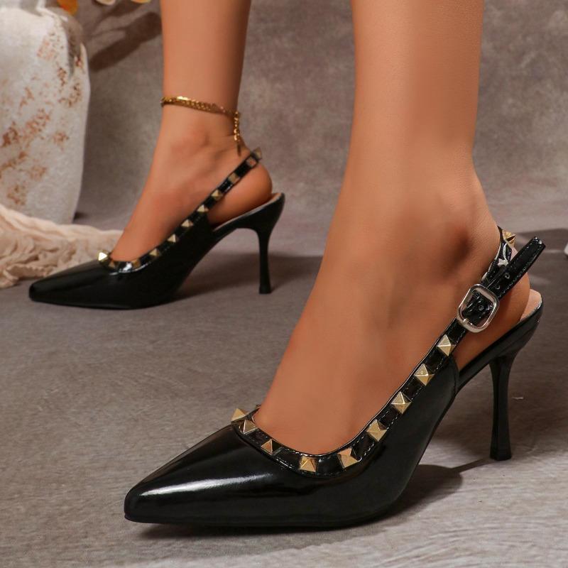 

Летние Новые Туфли-лодочки с Заостренным Носком и Клепками, Женские Босоножки Стилетто с Открытой Пяткой, Нескользящие, Износостойкие, На Одном Ремне 42 чёрный