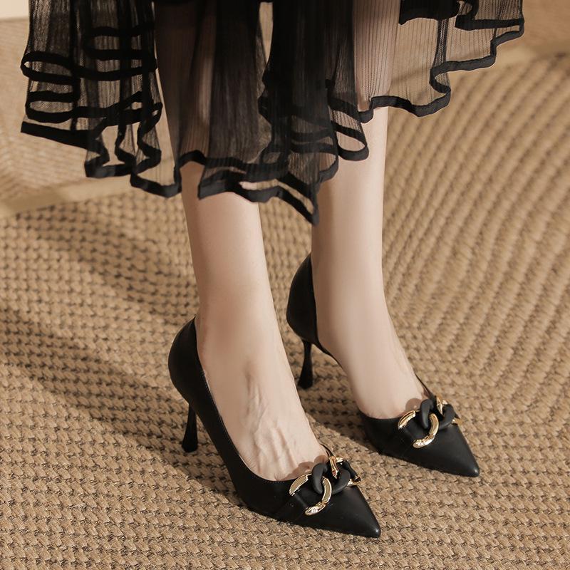 

Chain Decor Soft Leather Stiletto Heels: Side Cut Pointed Toe, Sizes 31-44 32