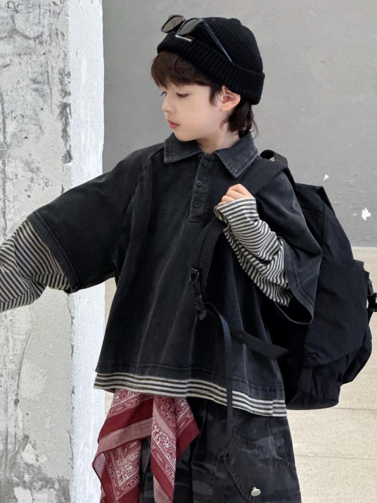 Children's Spring/Autumn Trendy Spliced Long Sleeve Polo Shirt - Casual Loose Korean Style Fake Two-Piece Pullover.