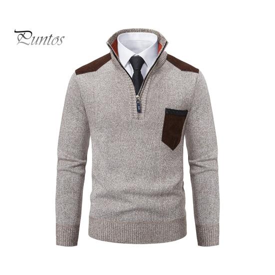 

Осень-зима мужской свитер на молнии с воротником-стойкой, длинными рукавами, толстый трикотажный свитер с нагрудным карманом, облегающий теплый повседневный топ средней длины M бежевый