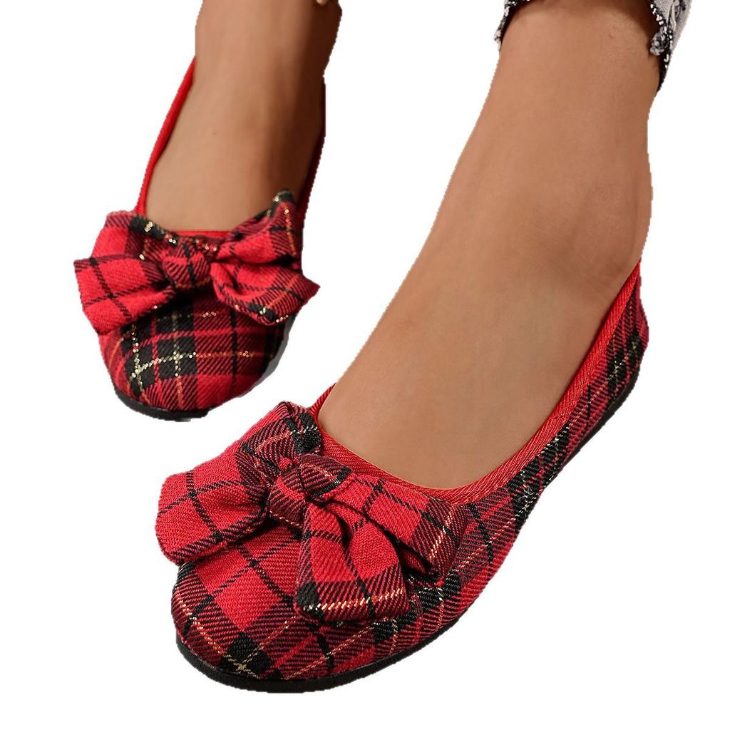 Women's Fashion Large Size Women's Shoes New Round Head Flat Bottom Bow Shallow Mouth One Pedal Casual Single Shoes