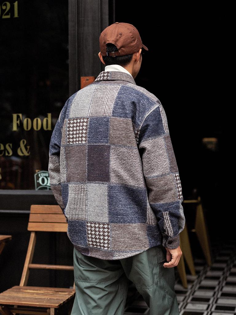 Fashion Long Sleeve Shirt Autumn Clothes Retro Switching Design Thick Patchwork Tweed Check Outerwear [CHANGE WELL] Men's Spring/Autumn/Winter