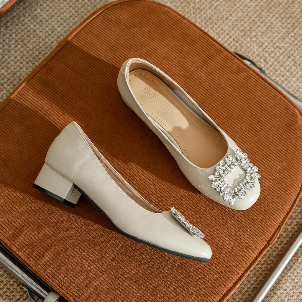 Leather thick heel low heel single shoes femininity square head shallow mouth autumn square rhinestone buckle professional work high heels