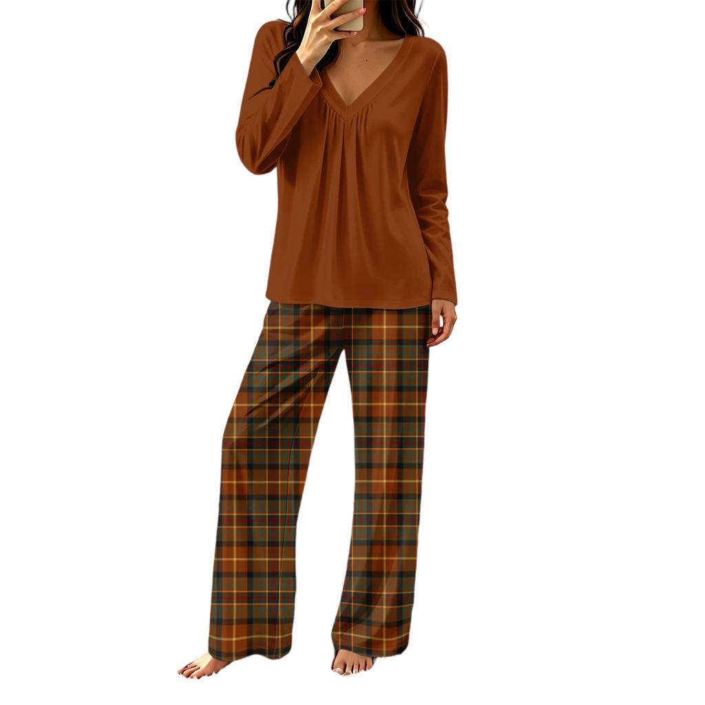 Women's Casual V-Neck Printed Pajama Set Loose Fit Sleepwear for Home