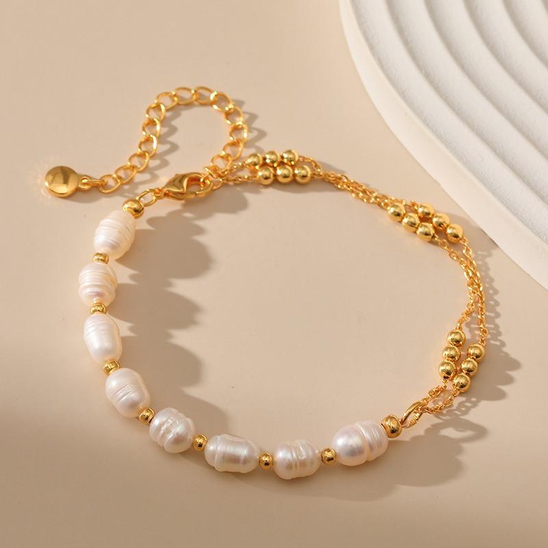 Double Layer Natural Freshwater Pearl Handmade Copper Chain Bracelet For Women