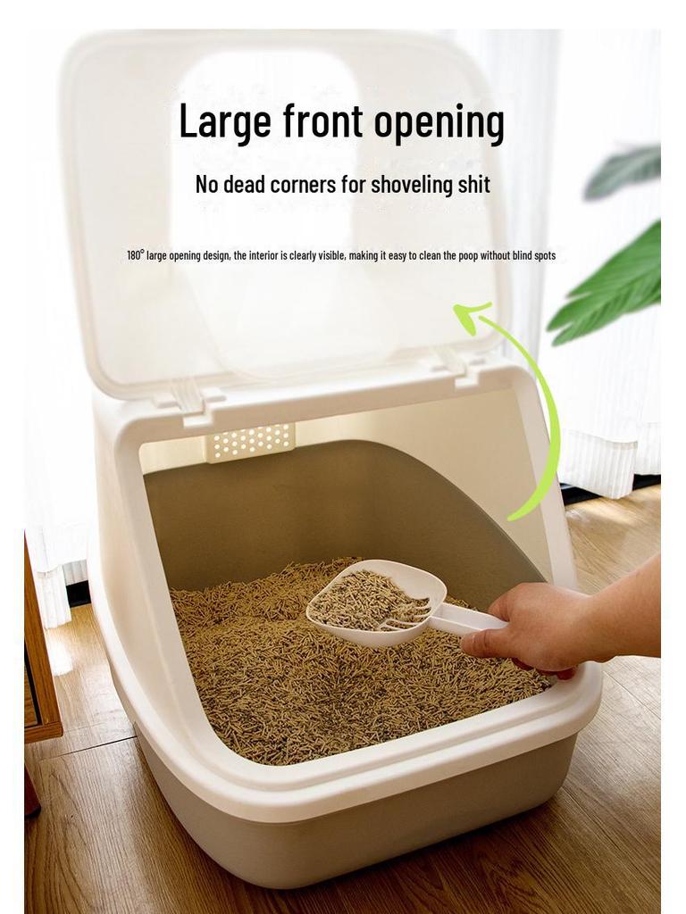 Uzavřená kočičí toaleta s odklápěcím víkem, deodorizační funkcí a lopatkou, odolná proti stříkající vodě a nadměrně velká pro snadné čištění