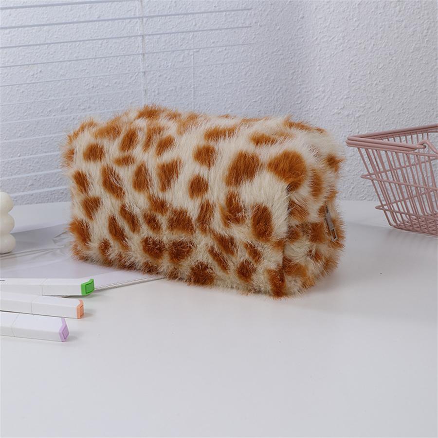 Leopard Soft Plush Travel Cosmetic Lipstick Brush Storage Bag Toiletry Kit Women Makeup Handbags Organizer Pouch Bag Pencil Case