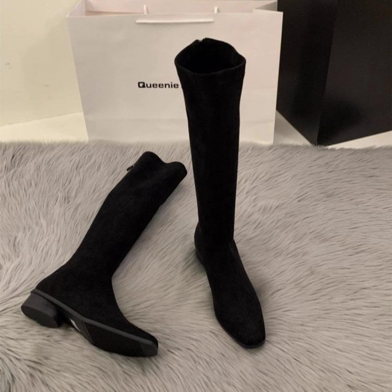 Solid Color Classic Designer Retro Women's Knee-high Boots Winter Fashion Square Low-heeled Shoes Slim Long Botas
