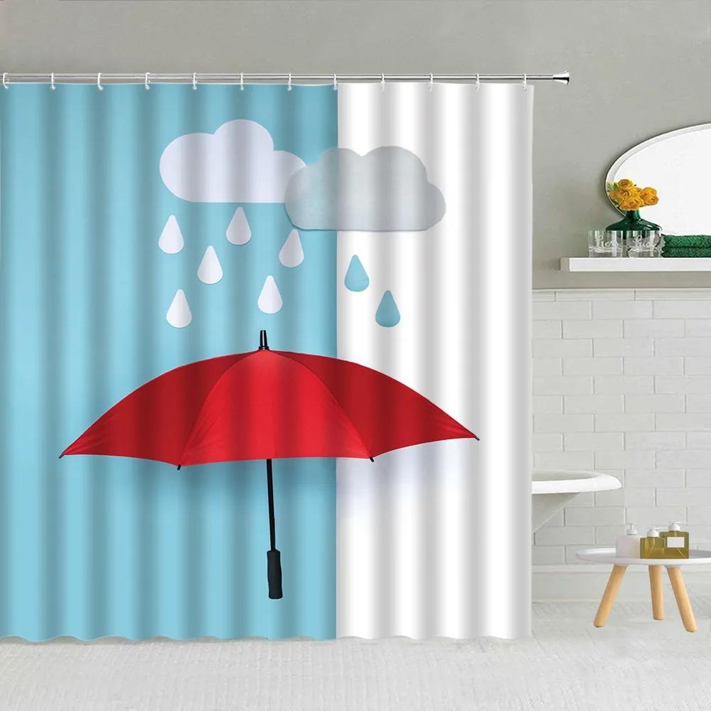 Cartoon Style Umbrella Printed Shower Curtain Colorful Rain Drops Boy Girl Bathroom Decor Waterproof Fabric Screen With Hooks
