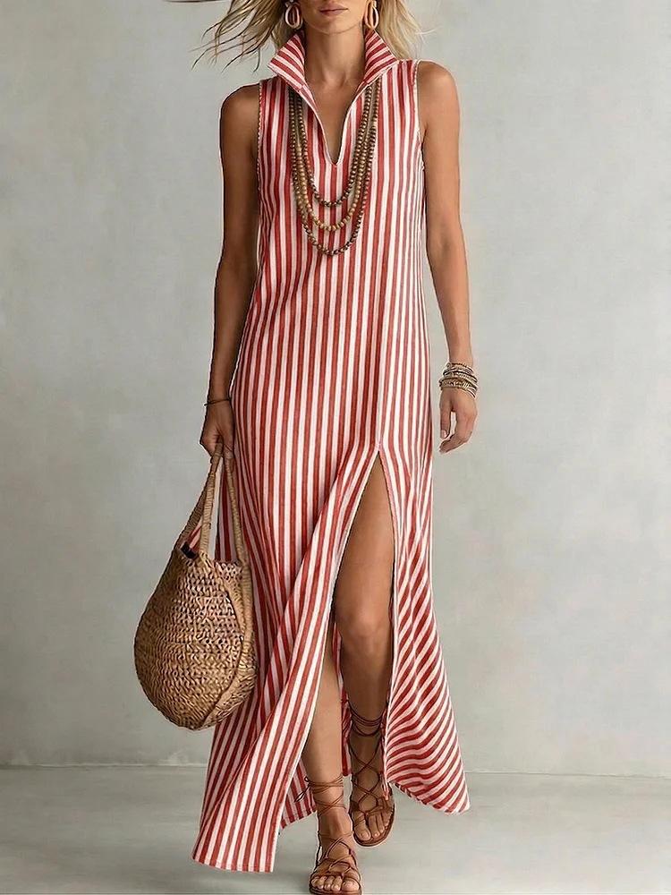 Abito Maxi da Donna a Righe Senza Maniche Scollo a V Spacco Alto Abito Estivo