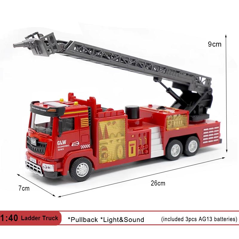

1:40 Fire Fighting Water Spray Truck Model Ladder Vehicle Kids Toys Alloy+Plastic Car Sound Light Pull Back Collection Boys Gift